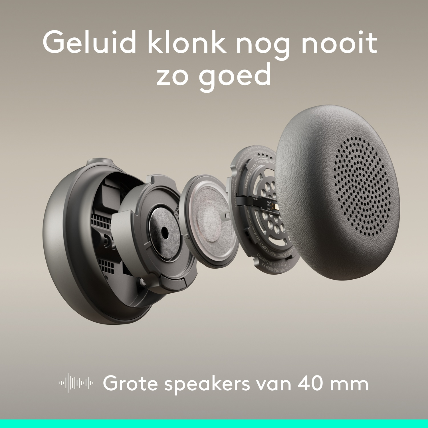 Exploded view of headphones showing 40mm drivers and text.