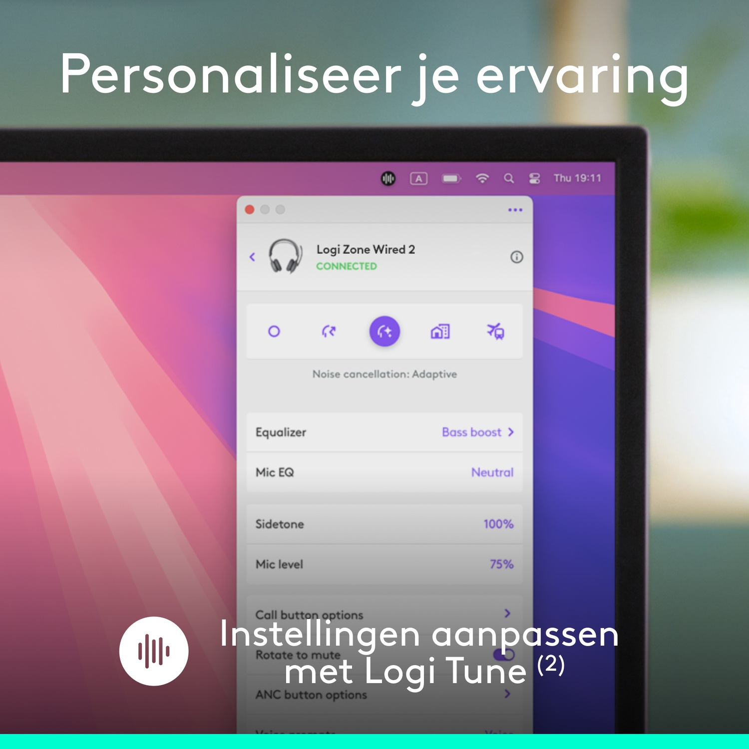 Logi Tune app on laptop shows settings for Logi Zone Wired 2.