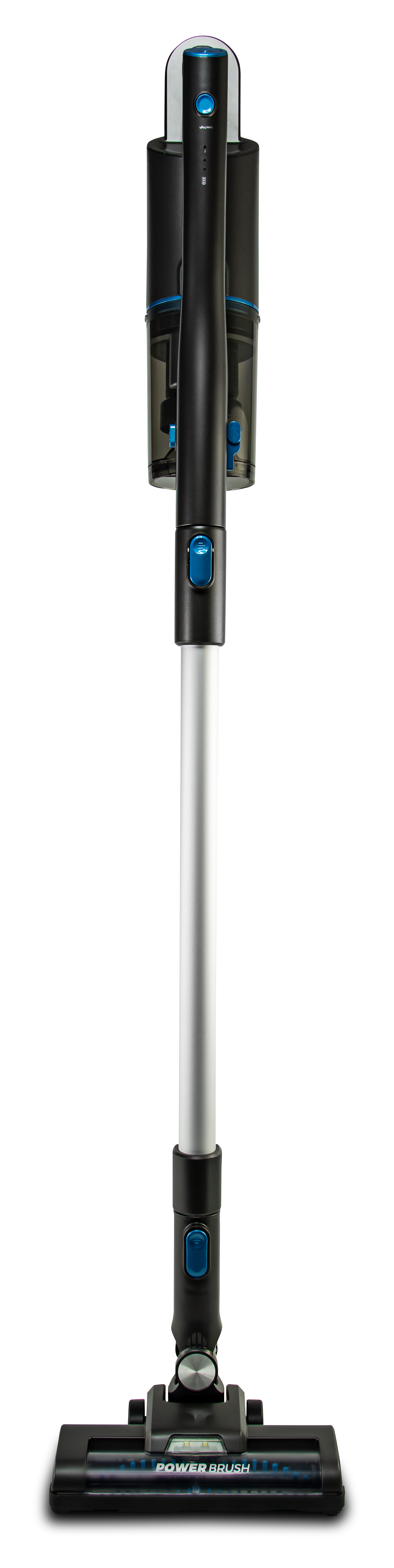 Czarny odkurzacz bezprzewodowy z srebrną rurą i niebieskimi przyciskami.