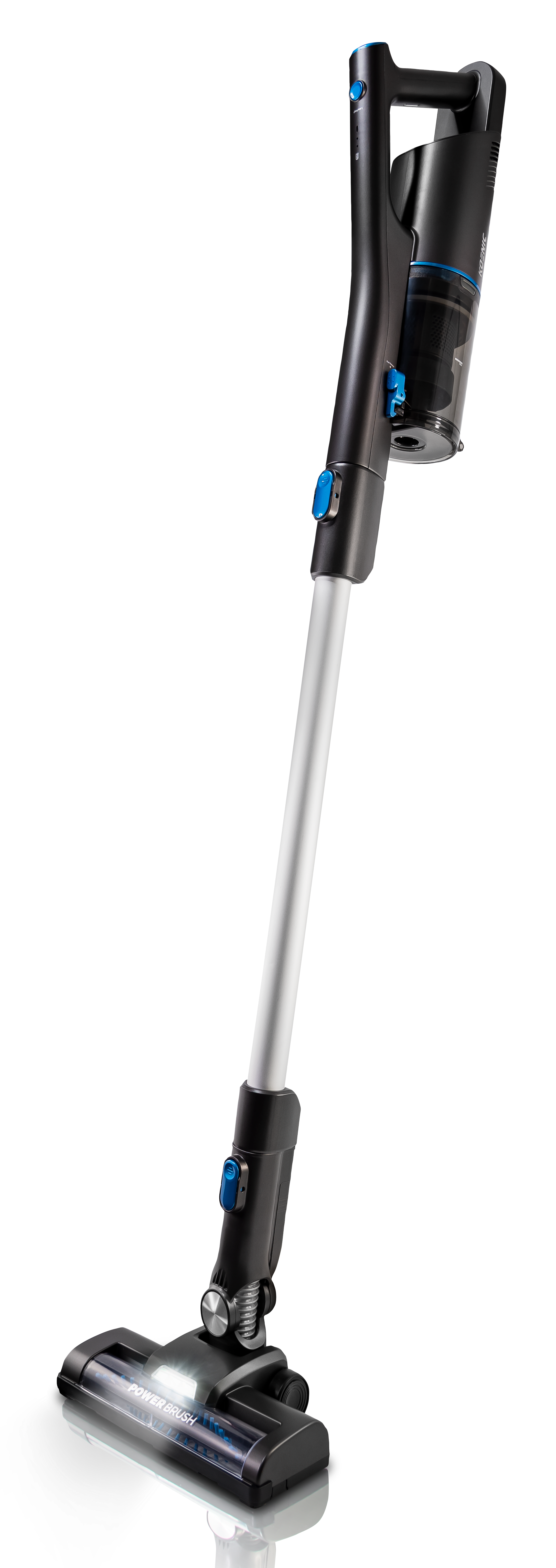 Czarny odkurzacz akumulatorowy z niebieskimi akcentami i końcówką Power Brush.