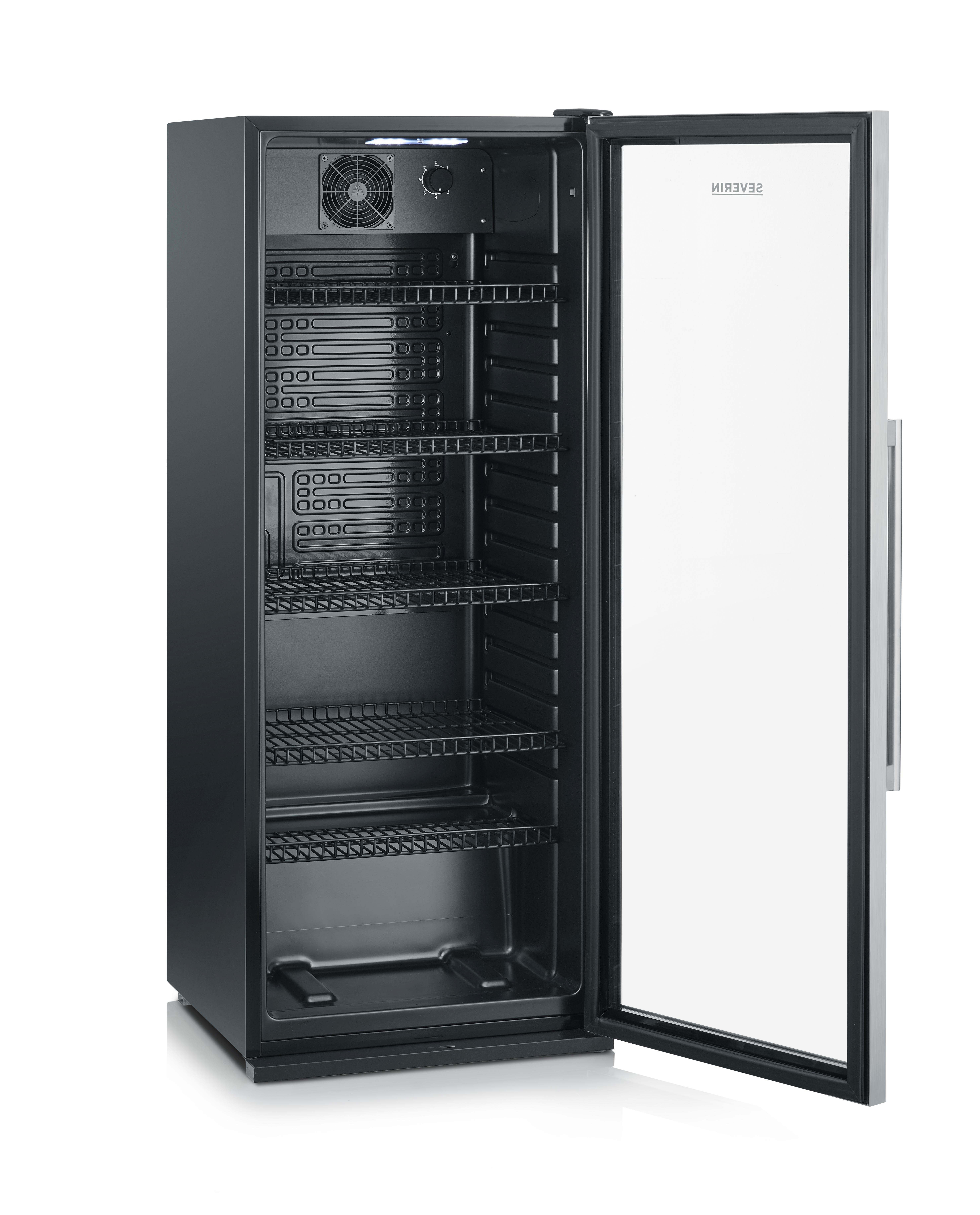 Ein leerer schwarzer Kühlschrank mit Glastür und silbernem Griff.