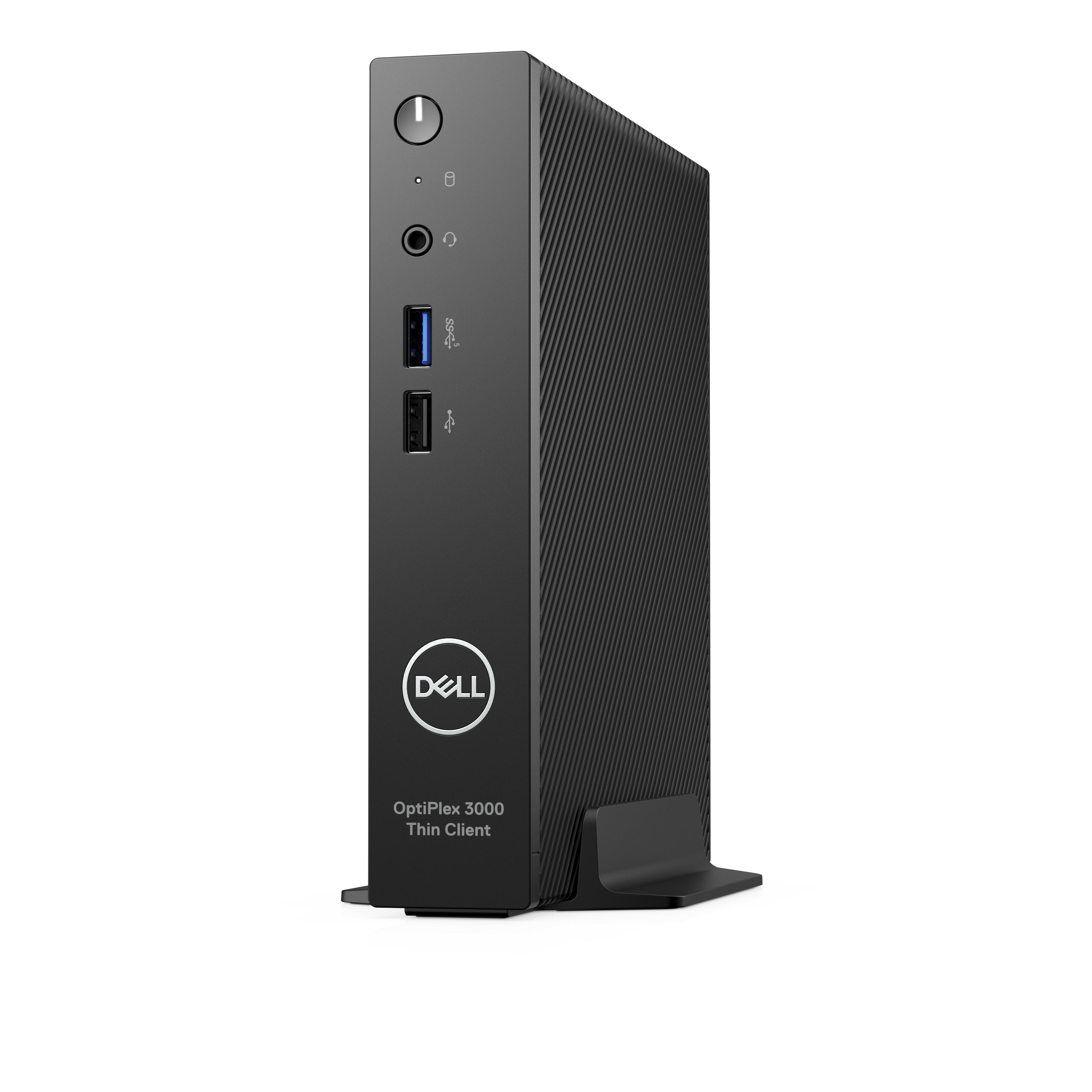 Schwarzer Dell OptiPlex 3000 Thin Client auf einem Ständer. Vorderseite mit Anschlüssen.