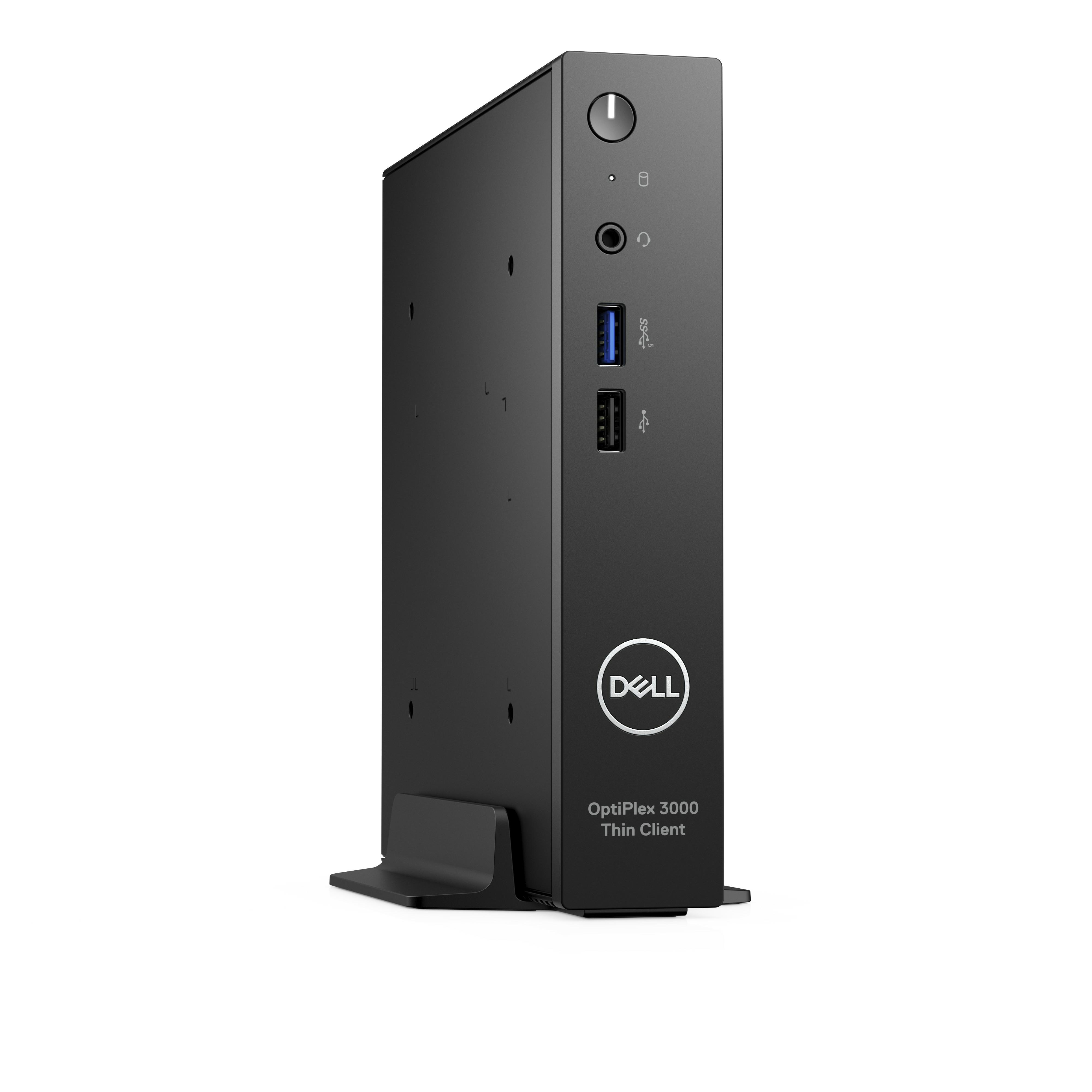 Schwarzer Dell OptiPlex 3000 Thin Client mit Anschlüssen und Logo.