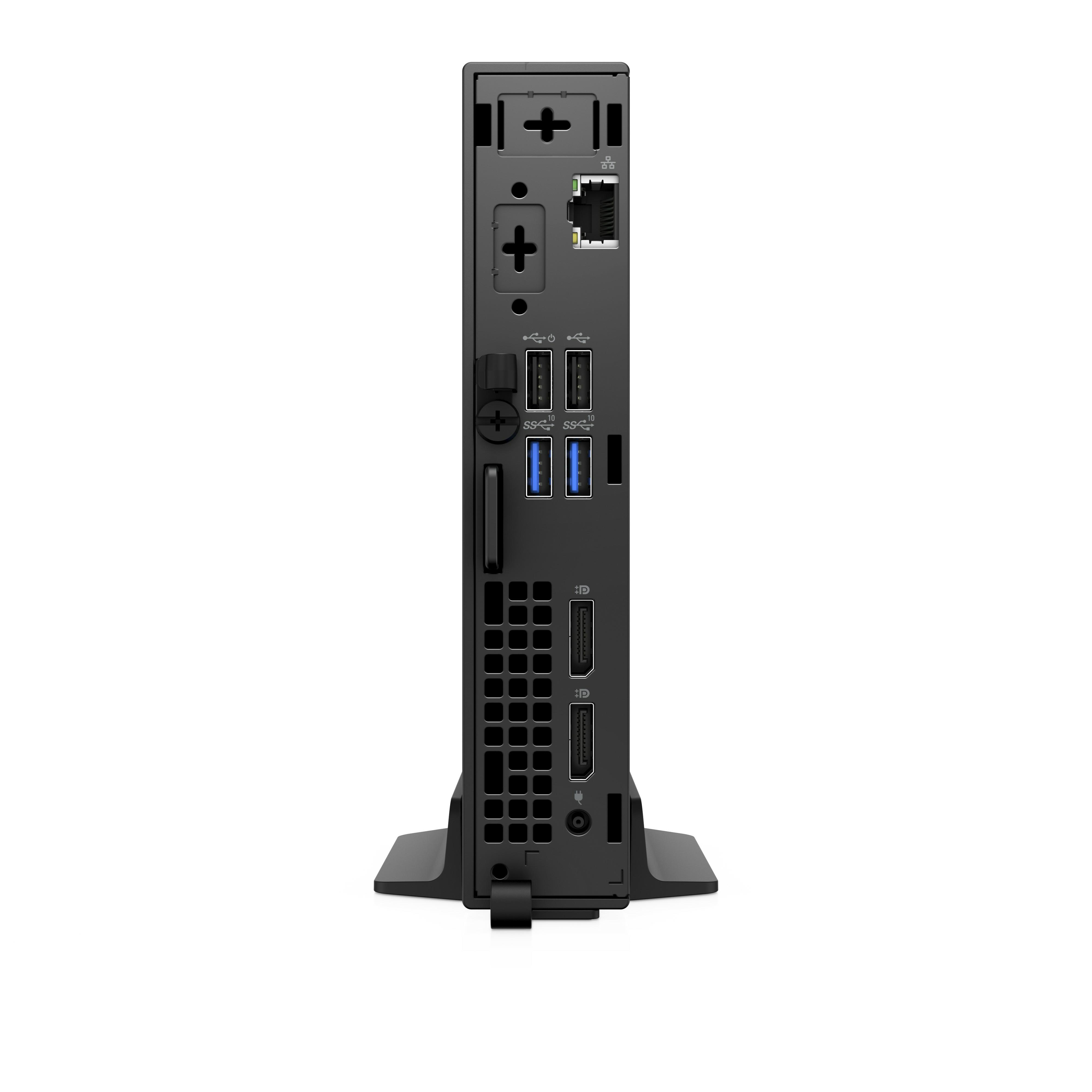 Rückseite eines schwarzen Mini-PCs mit USB-, Ethernet- und DisplayPort-Anschlüssen.