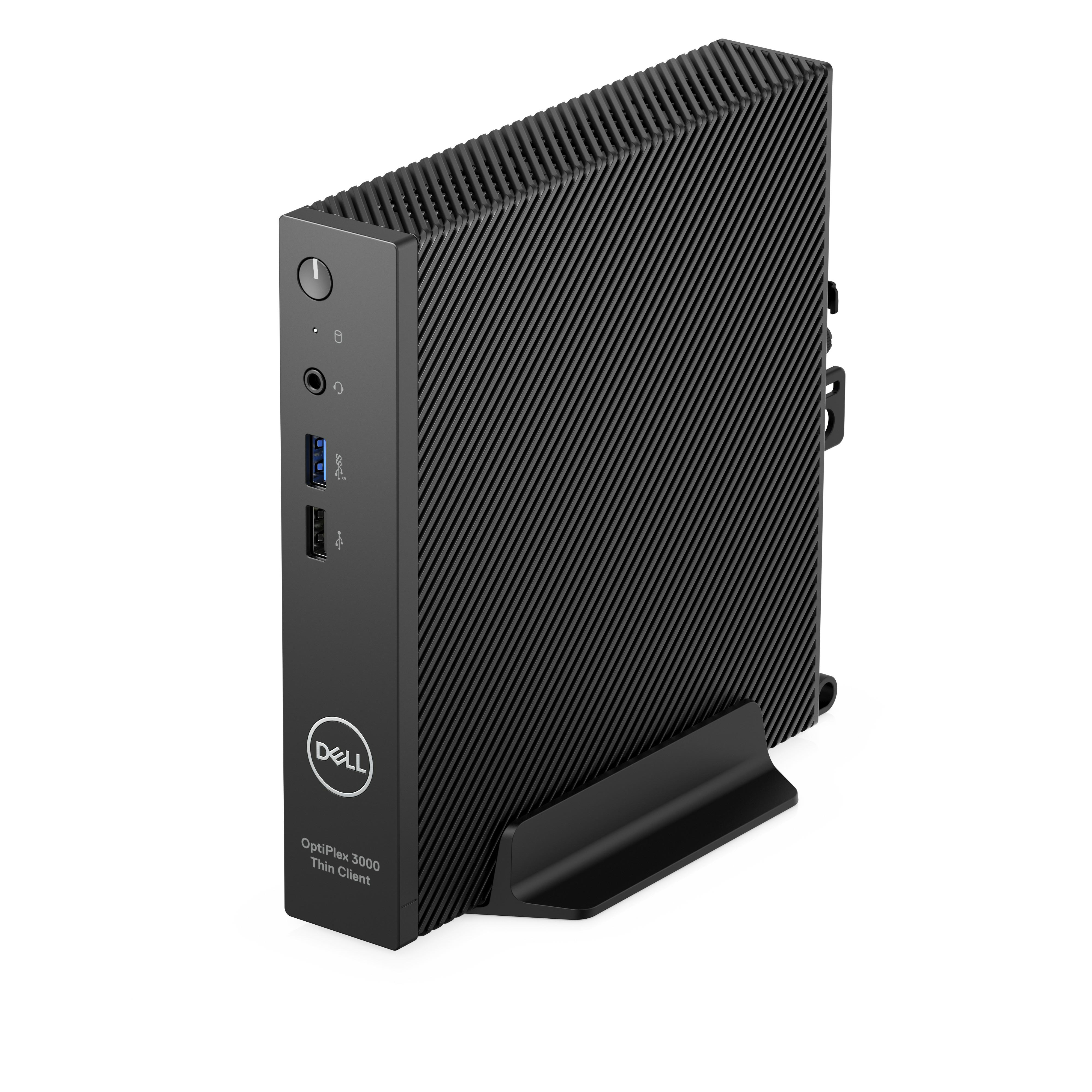 Schwarzer Dell OptiPlex 3000 Thin Client mit Ribbed-Design und Ständer.