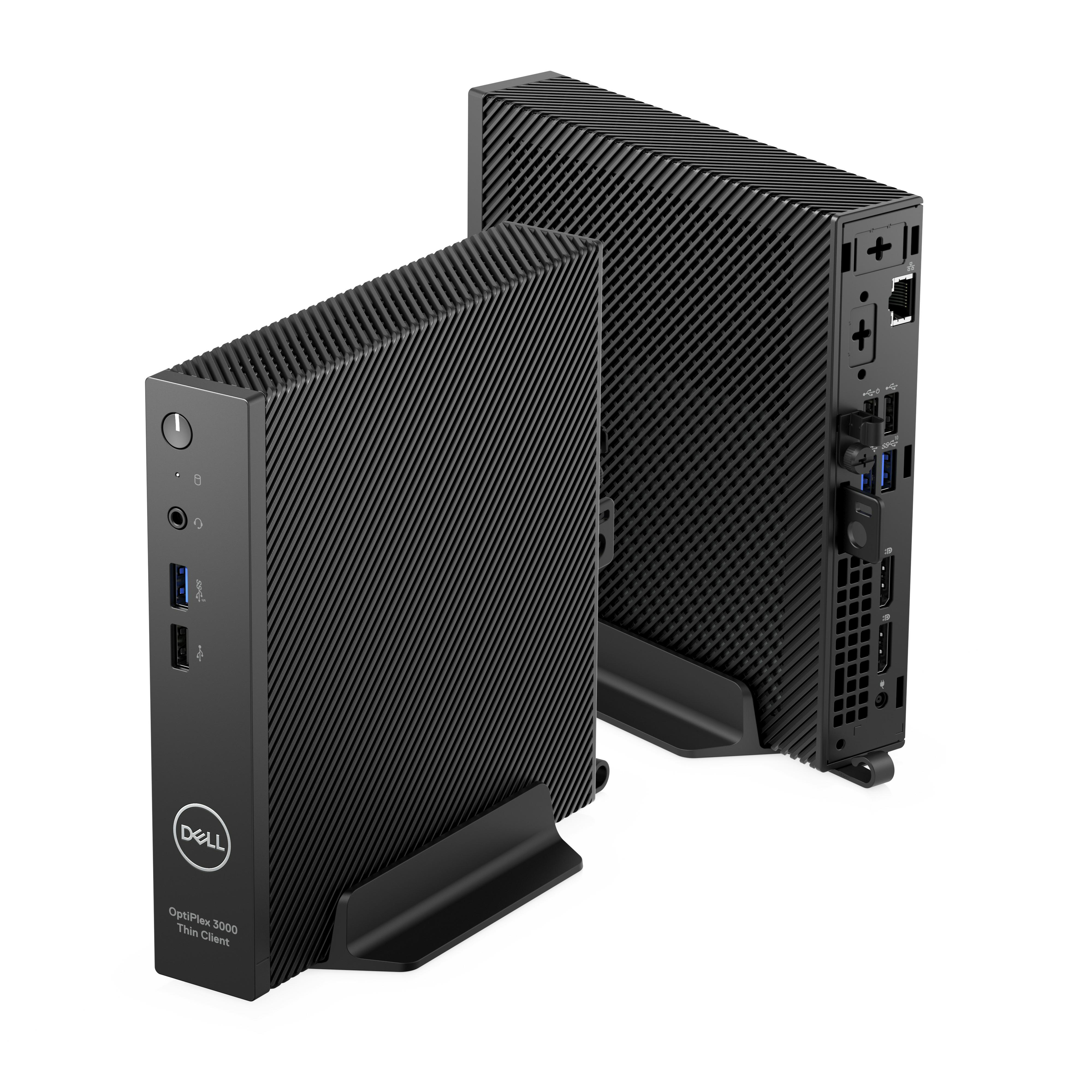Zwei schwarze Dell OptiPlex 3000 Thin Clients auf einem Ständer.