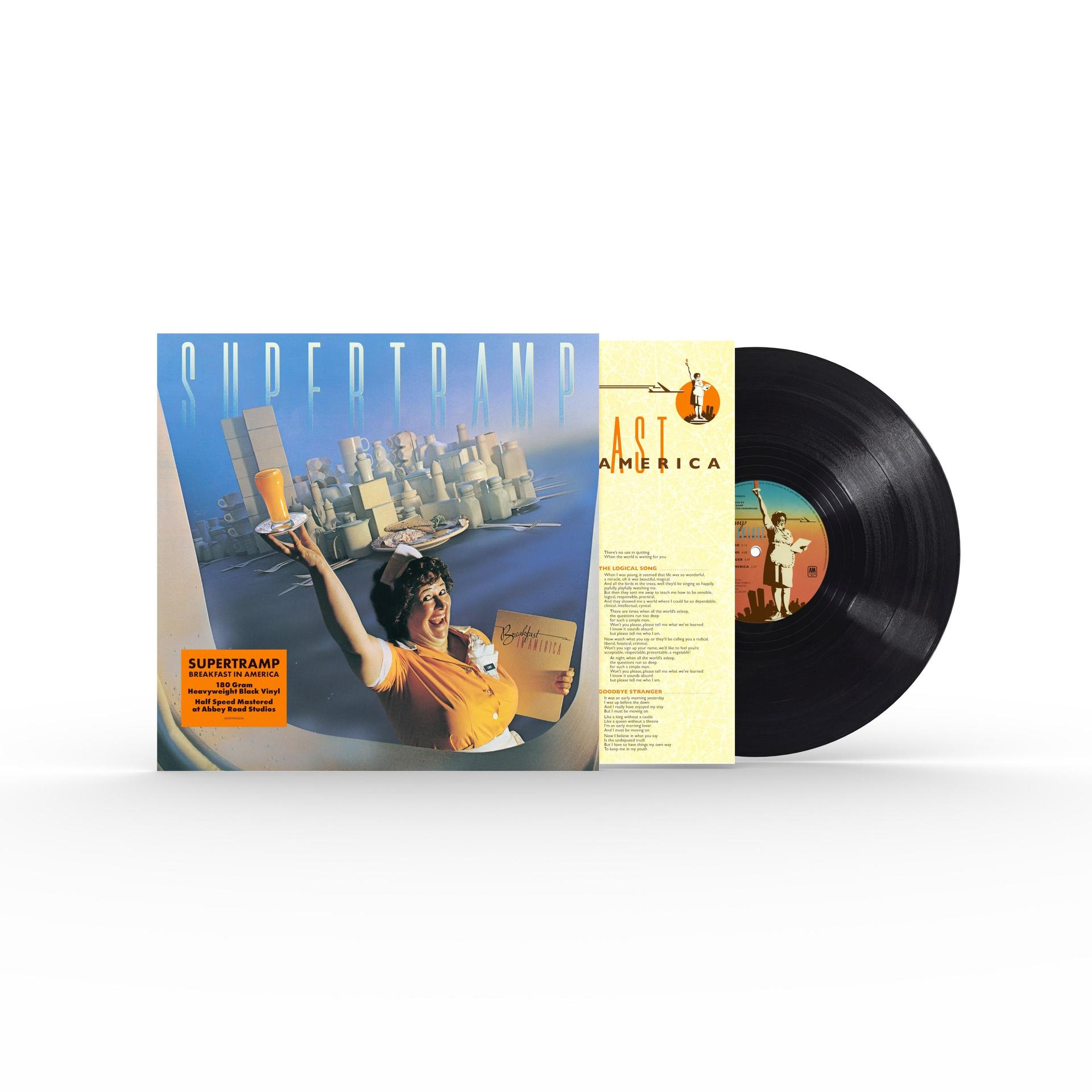 Supertramp "Breakfast in America" Vinyl mit Cover und LP. Frau im Kellnerinnen-Outfit hält ein Glas Saft.