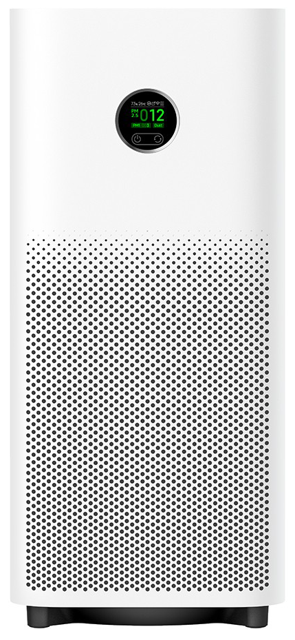 Fehér légtisztító digitális kijelzővel, PM2.5 és por szintet mutat.
