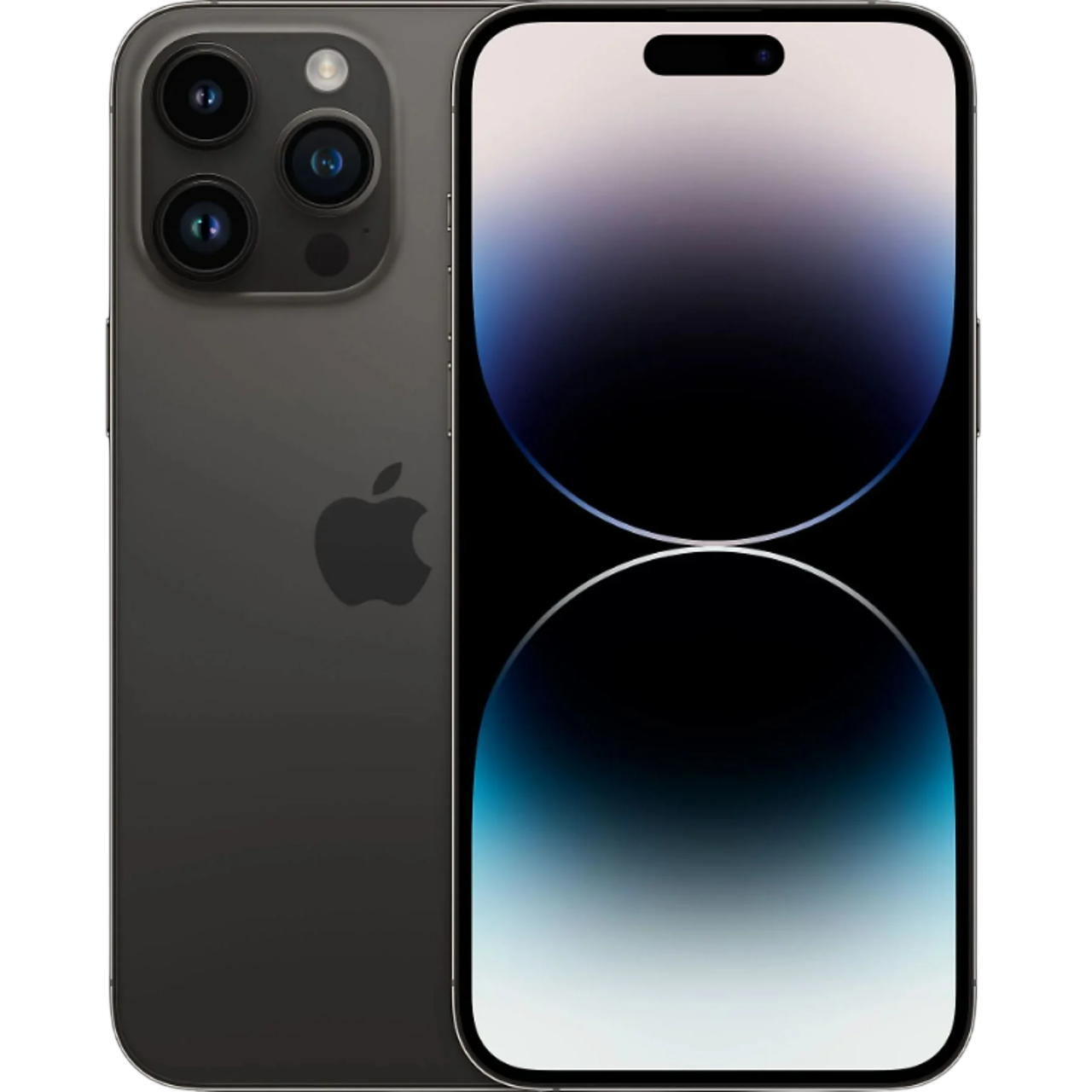 Koyu gri iPhone, arkada üç kamera, önde parlayan ekran görünüyor.