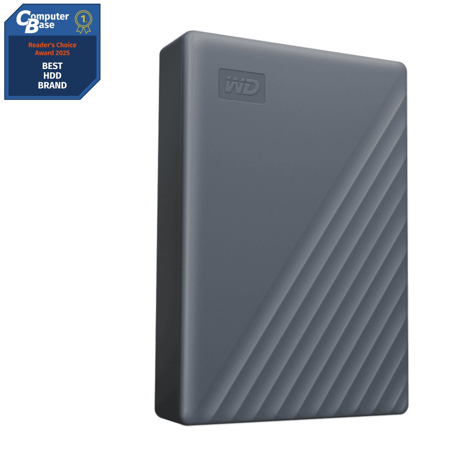 Disco duro externo WD gris con patrón acanalado y premio ComputerBase.