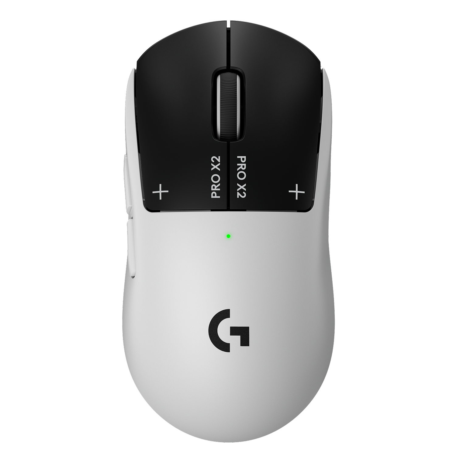 Ratón gaming blanco con botones negros y logo de Logitech.