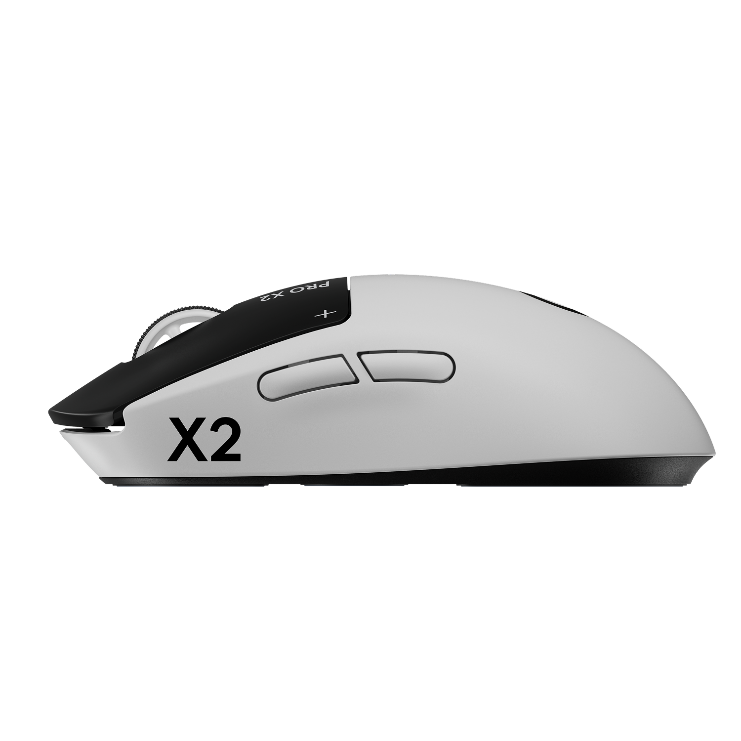 Ratón blanco con rueda de scroll, botones y logo 'X2' negros.