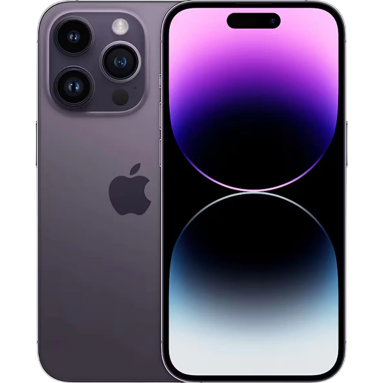 Mor iPhone ön ve arka görünümüyle, arkada üç kamerası mevcut.
