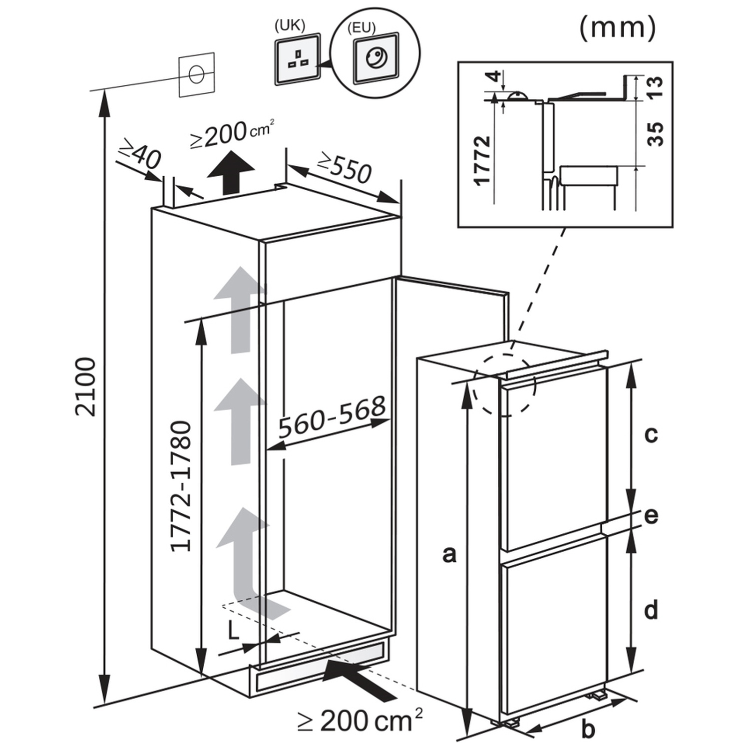 Technische tekening met afmetingen voor inbouwapparatuur, ventilatie en aansluitingen.