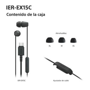 Auriculares Sony IER-EX15C negros con conector USB-C, almohadillas y clip.