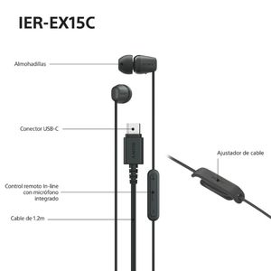 Auriculares Sony in-ear negros con conector USB-C, micrófono y cable de 1,2m.