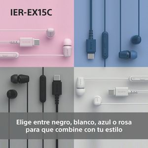 Cuatro juegos de auriculares en rosa, azul, negro y blanco, con conectores USB-C.