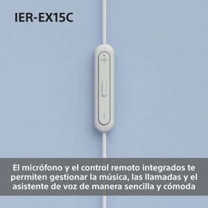 Auriculares blancos con control remoto y micrófono en línea sobre fondo azul.