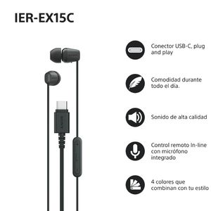 Auriculares negros in-ear con conector USB-C y control remoto en línea.