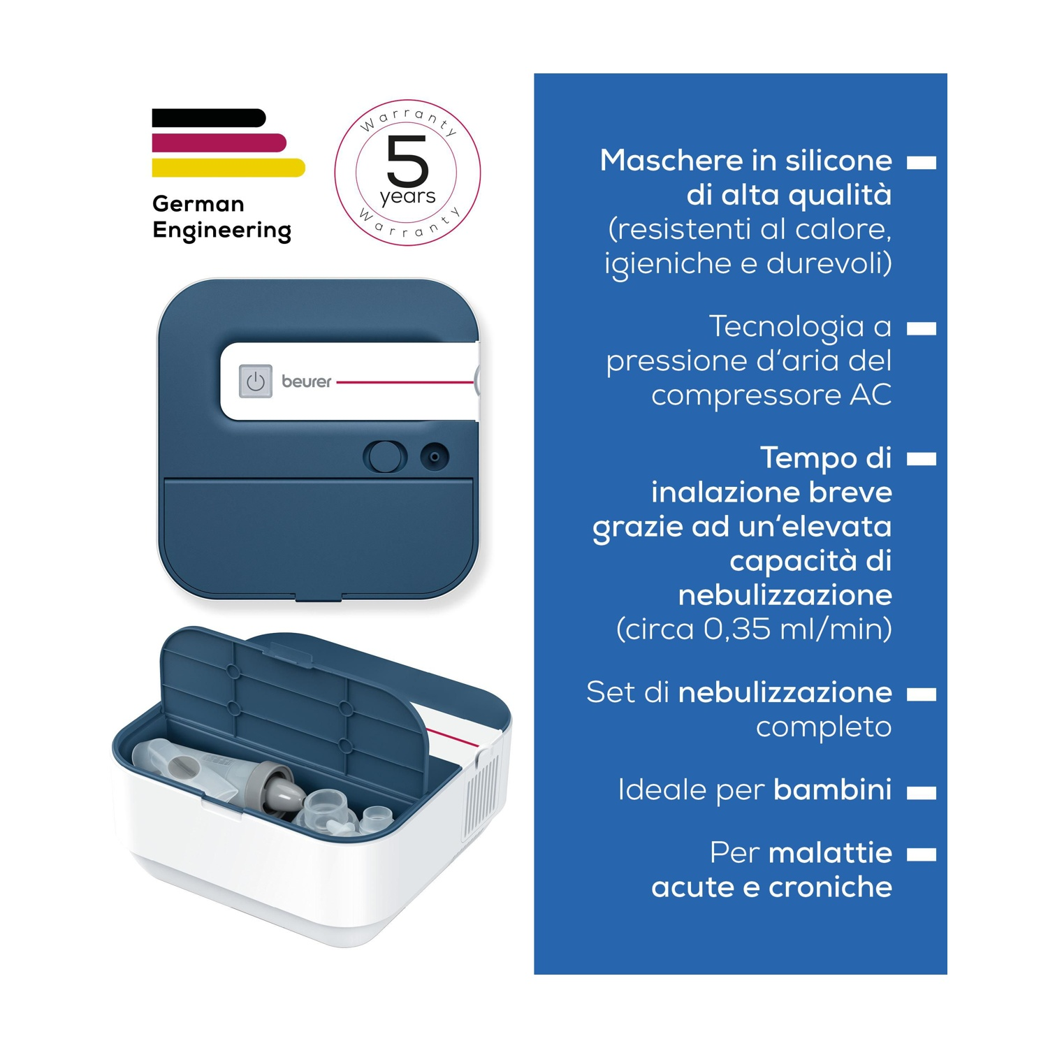 Un nebulizzatore Beurer blu con accessori e sigillo di garanzia.