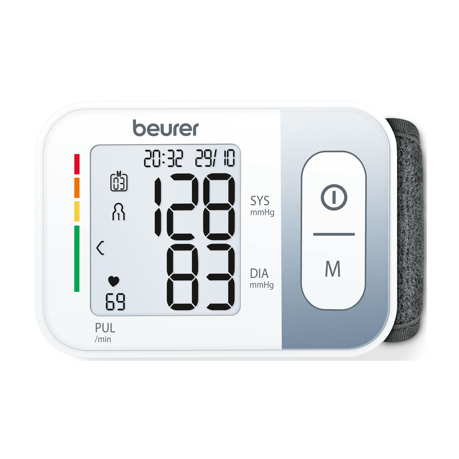 Misuratore digitale pressione Beurer bianco con bracciale grigio, mostra 128/83 mmHg e 69 pulsazioni.