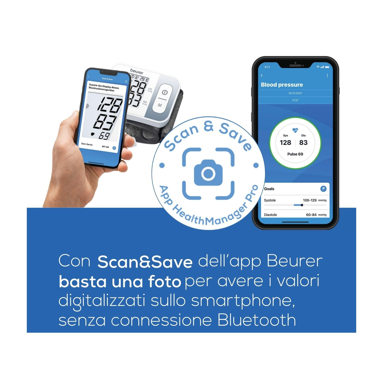Un telefono mostra un'app con valori di pressione. Accanto, un misuratore di pressione.