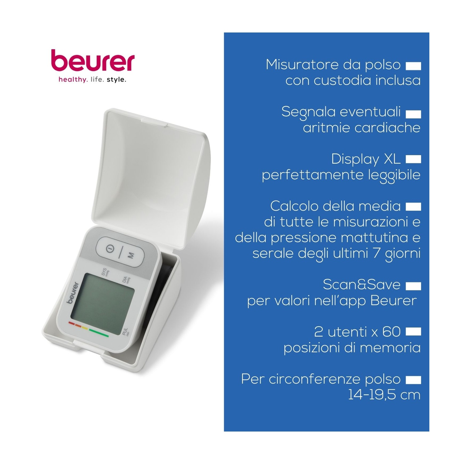 Misuratore polso Beurer con custodia, display XL, segnala aritmie cardiache.