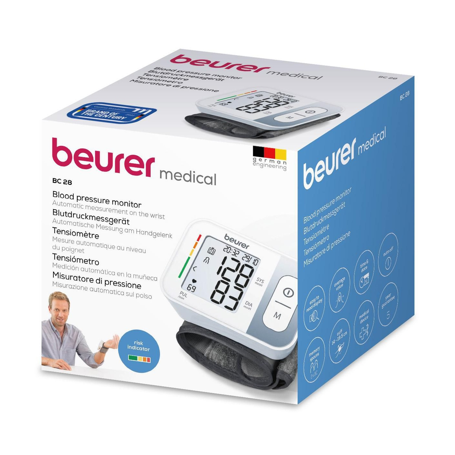 Confezione misuratore pressione da polso Beurer BC 28 con immagine prodotto e funzioni.