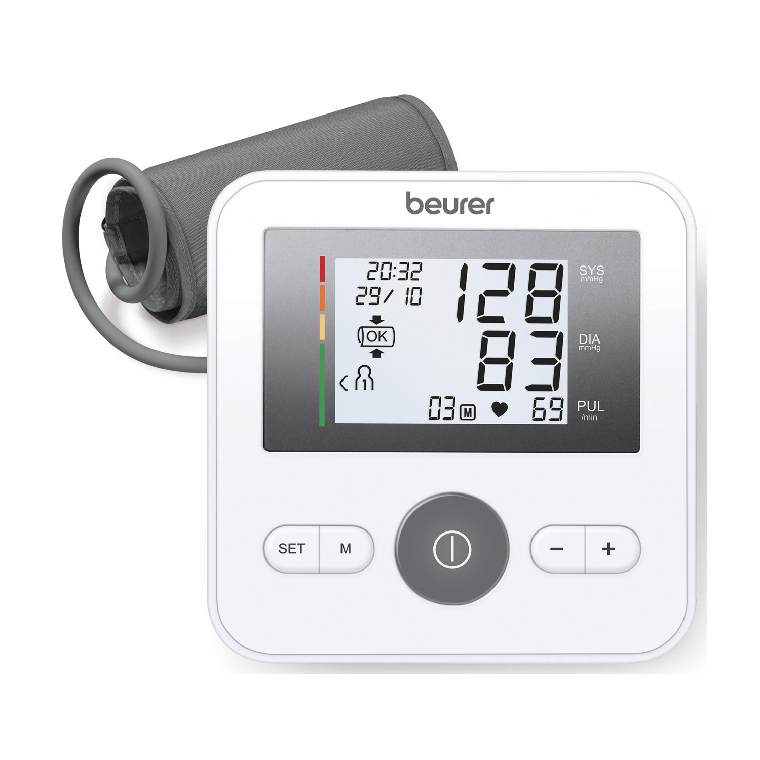 Misuratore pressione Beurer bianco con bracciale. Display mostra 128/83 mmHg, 69 PUL/min.