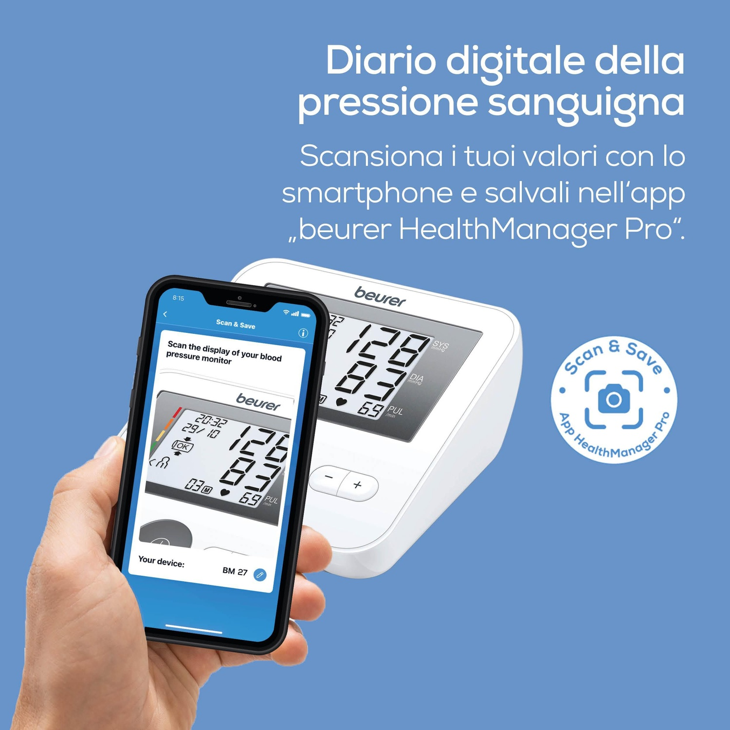 Un telefono scansiona un misuratore di pressione Beurer. Testo in italiano.