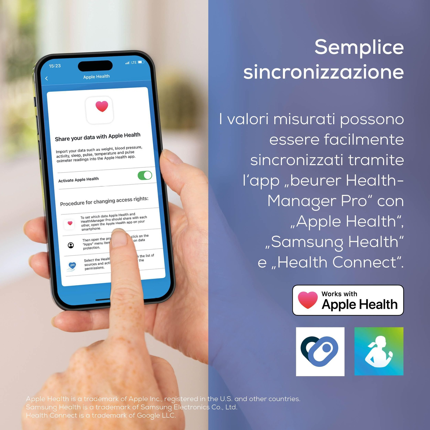Un iPhone mostra l'app Apple Health con opzioni di condivisione dati. Un dito tocca lo schermo.