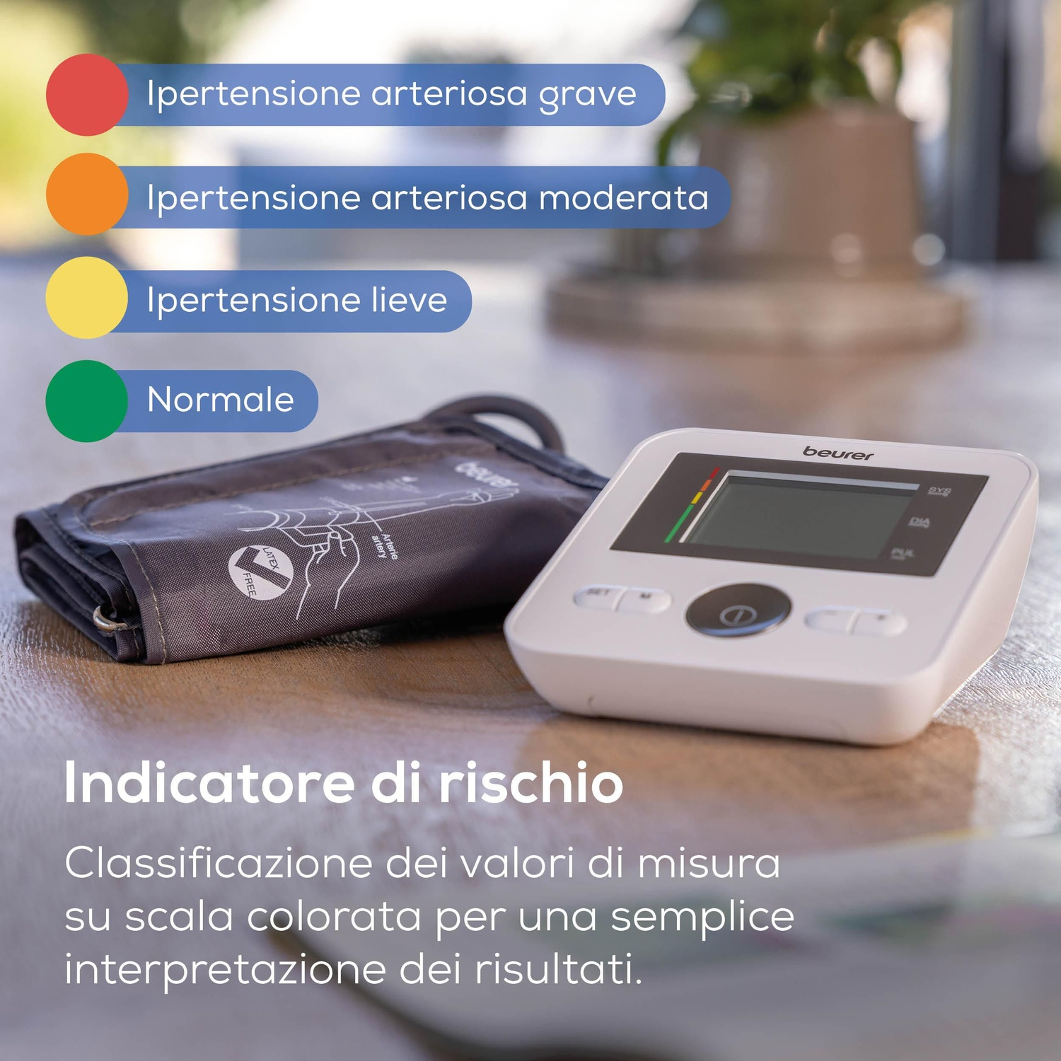 Misuratore pressione con indicatore rischio colorato: Rosso grave, Arancio moderato, Giallo lieve, Verde normale.