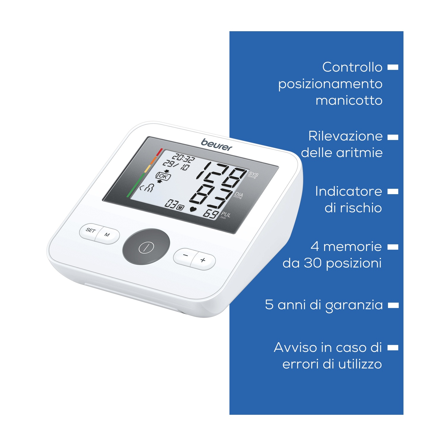 Un misuratore di pressione da braccio Beurer bianco con schermo LCD.