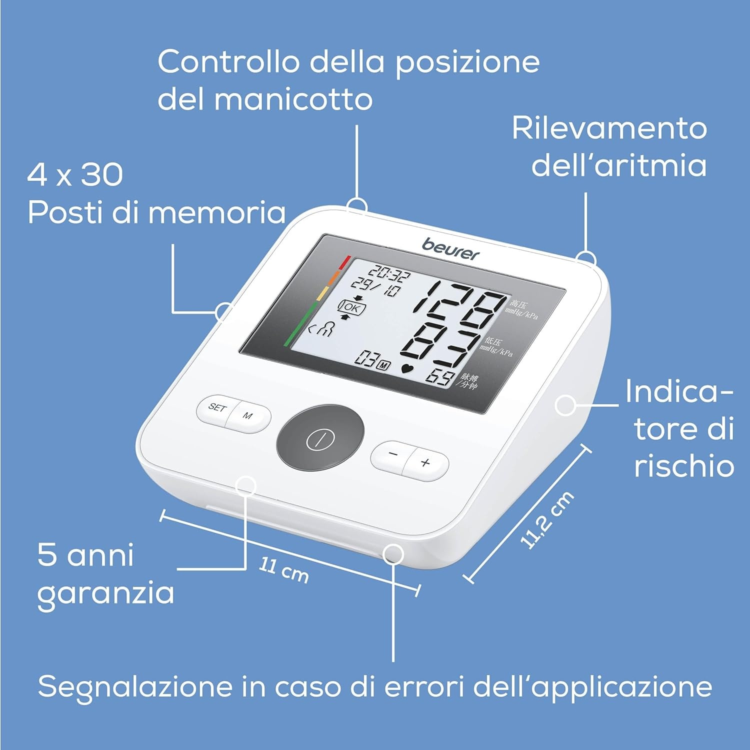 Un misuratore di pressione da braccio Beurer bianco con display digitale e pulsanti.