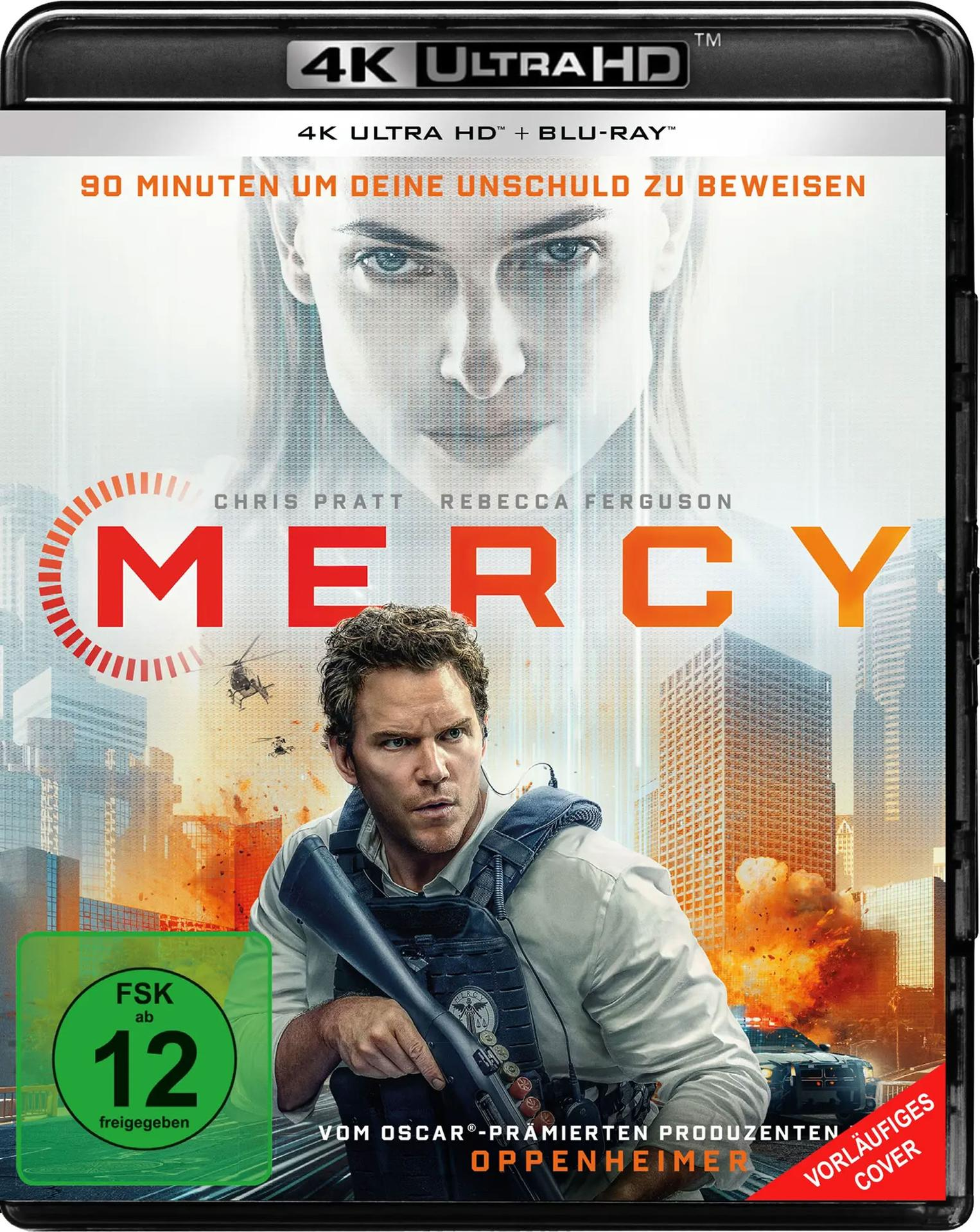 Filmplakat: Chris Pratt und Rebecca Ferguson in 'Mercy'. Stadtkulisse mit Explosionen.