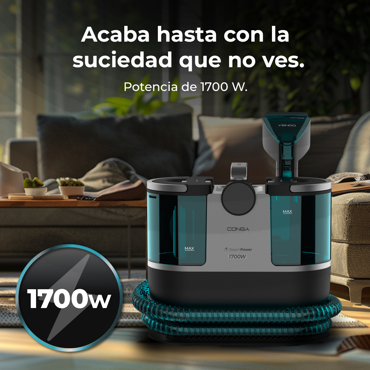 Una limpiadora a vapor Conga de 1700W está sobre una alfombra.