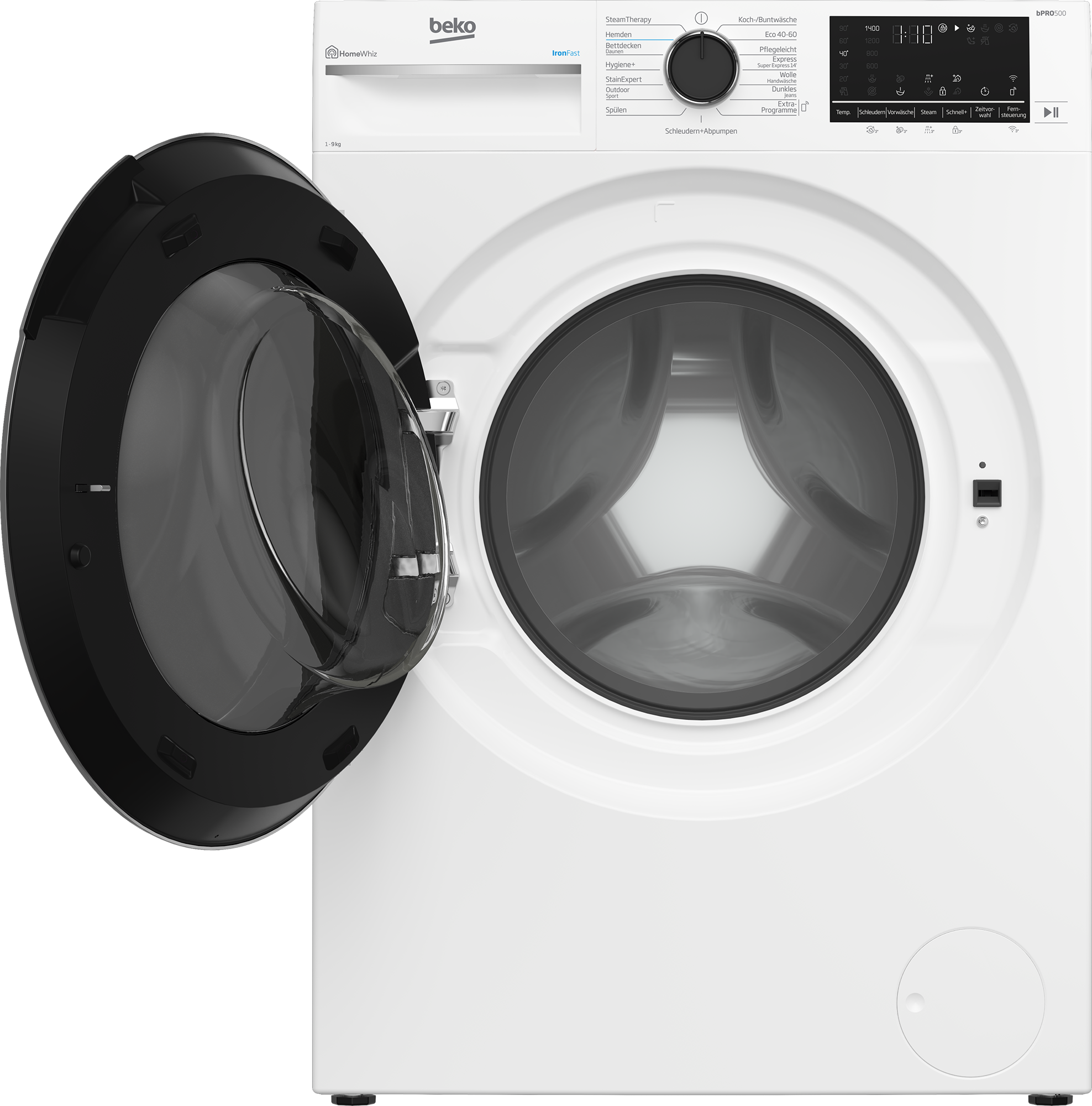 Eine weiße Beko Waschmaschine mit geöffneter schwarzer Tür und Bedienfeld.