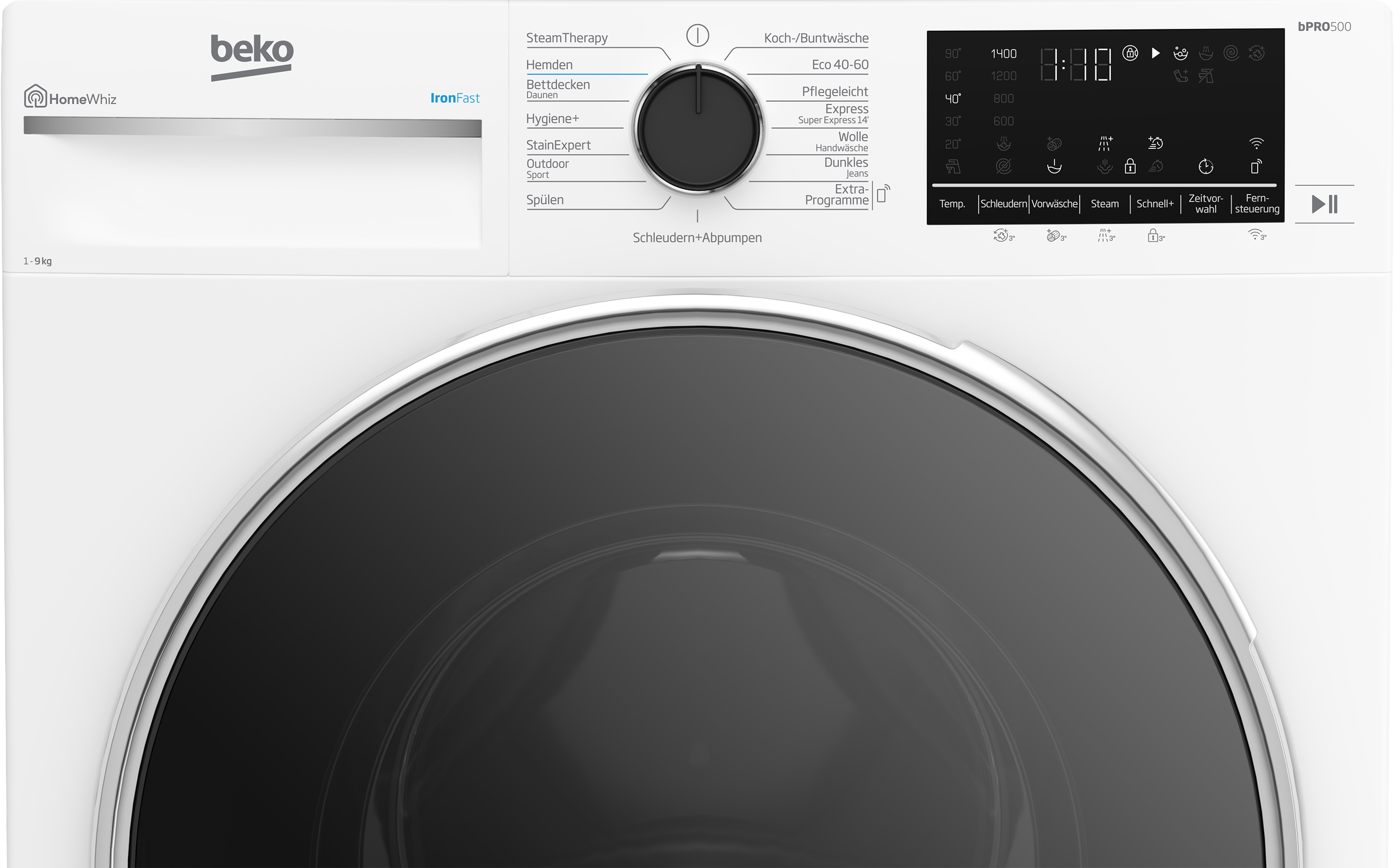 Eine weiße Beko Waschmaschine mit einem digitalen Display und Programmwahlknopf.