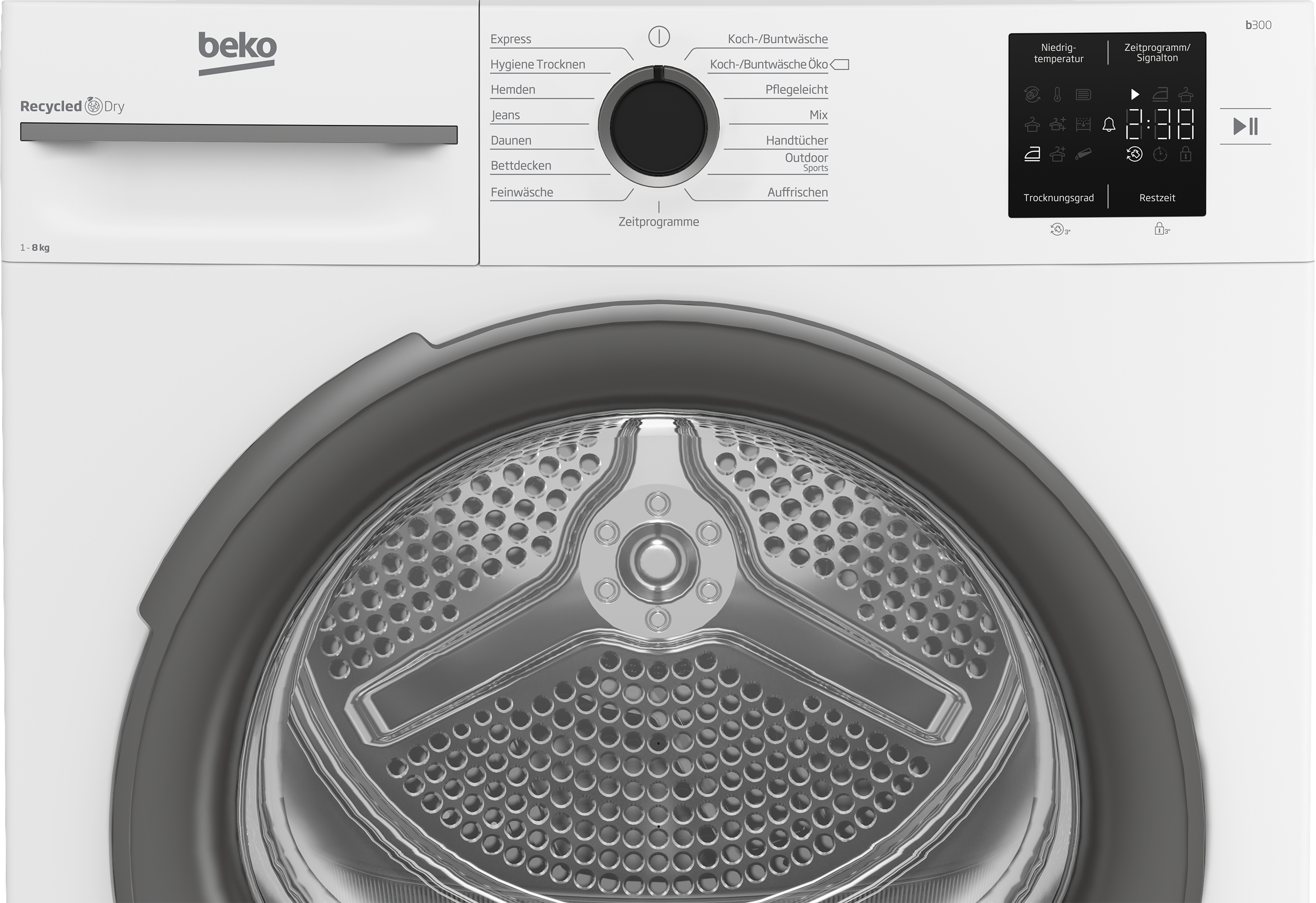 Weiße Beko Waschmaschine mit silbernem Trommelinneren und Bedienfeld.