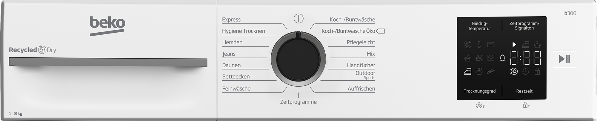 Beko Trockner mit Bedienfeld: Programme wie Express, Jeans, Mix. Display zeigt Zeit & Symbole.