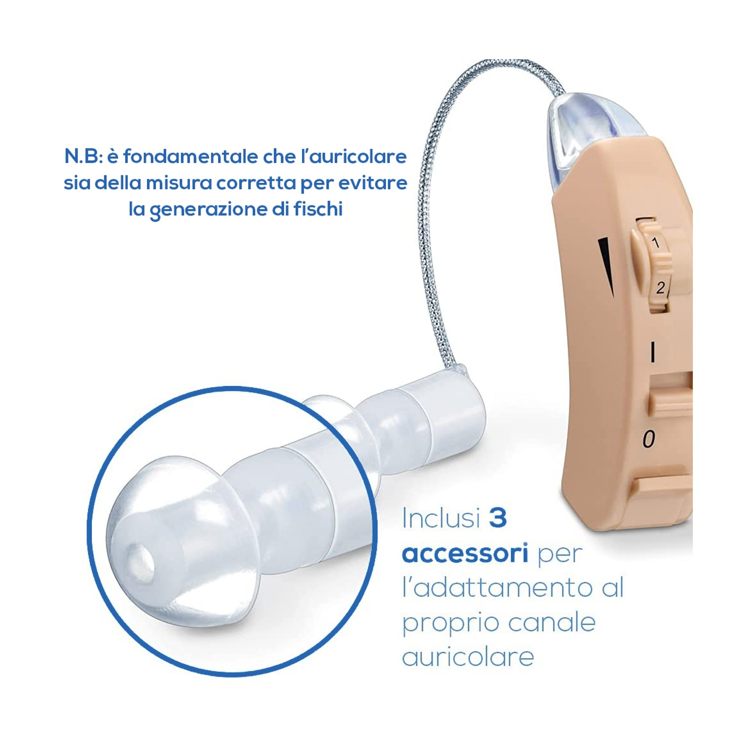 Un corpo di apparecchio acustico beige con controlli e auricolare.