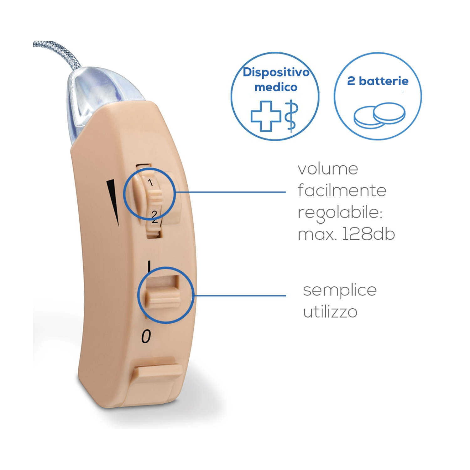 Apparecchio acustico beige con controllo volume (0-2) e vano batterie. Dispositivo medico.