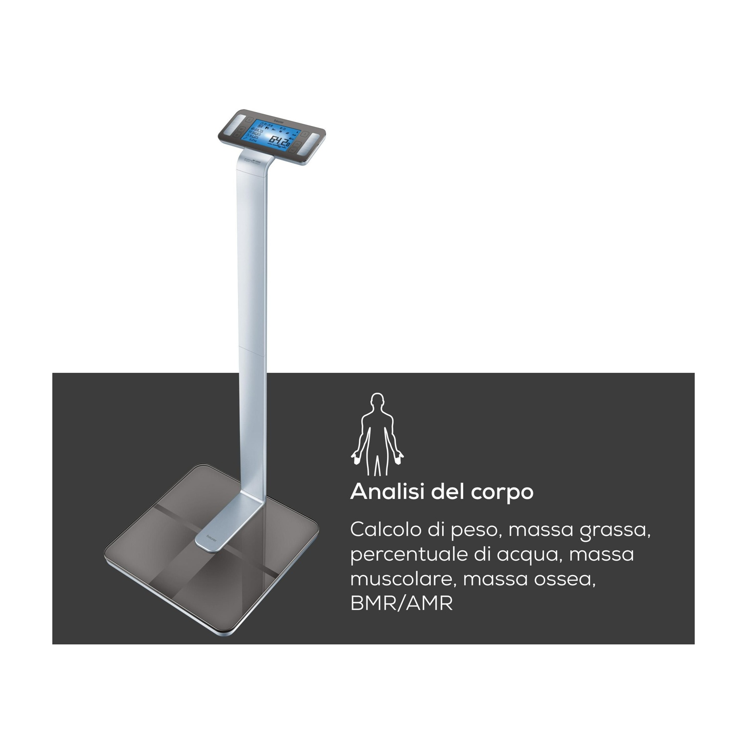 Una bilancia di composizione corporea con display mostra 64.20.
