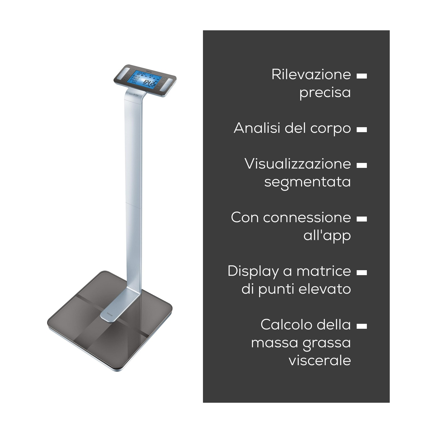 Una bilancia digitale con display e colonna, testo accanto.