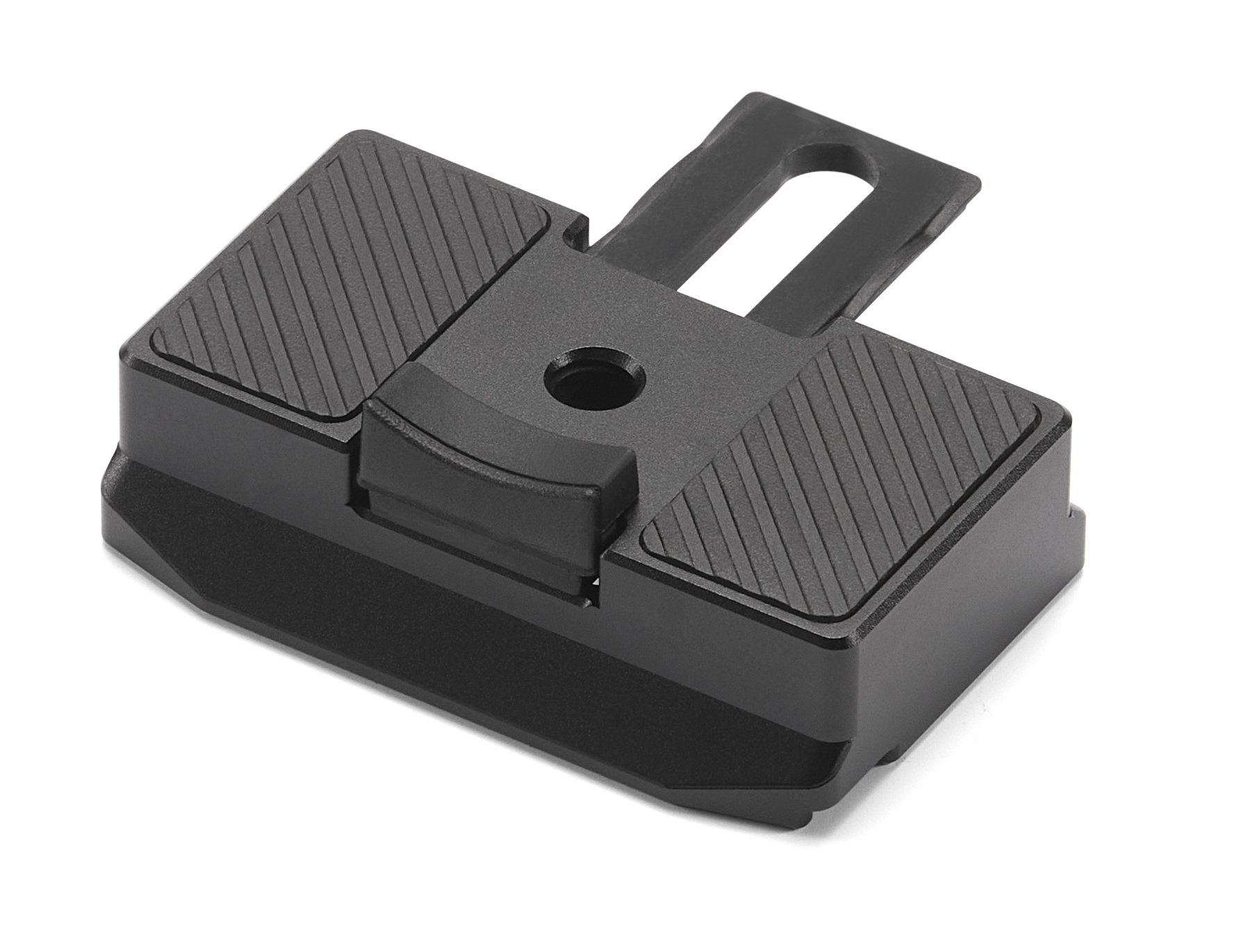 Czarny uchwyt kamery z rowkowanymi powierzchniami i szczeliną.