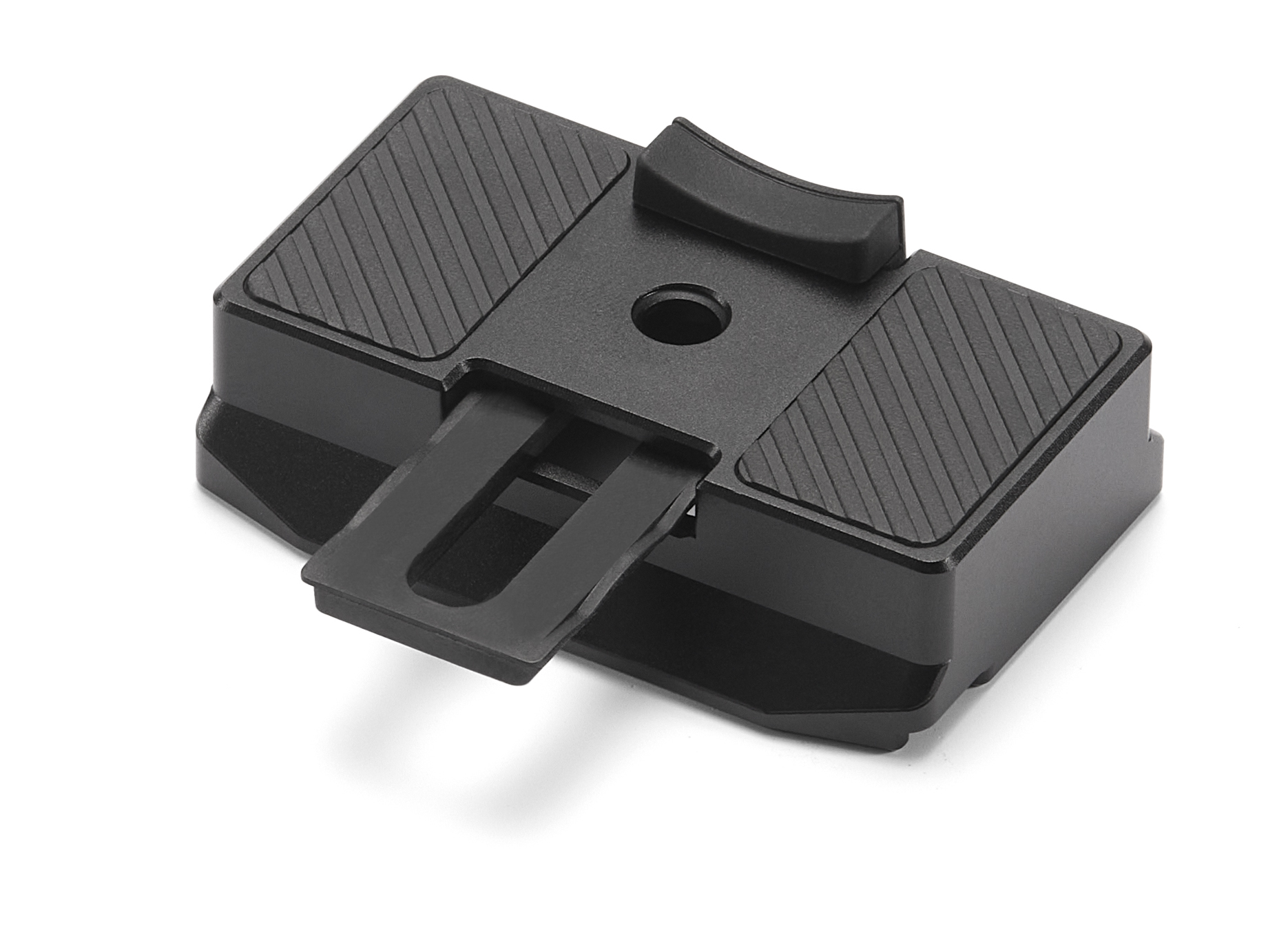 Czarny uchwyt do aparatu z teksturowanymi uchwytami i zatrzaskiem.