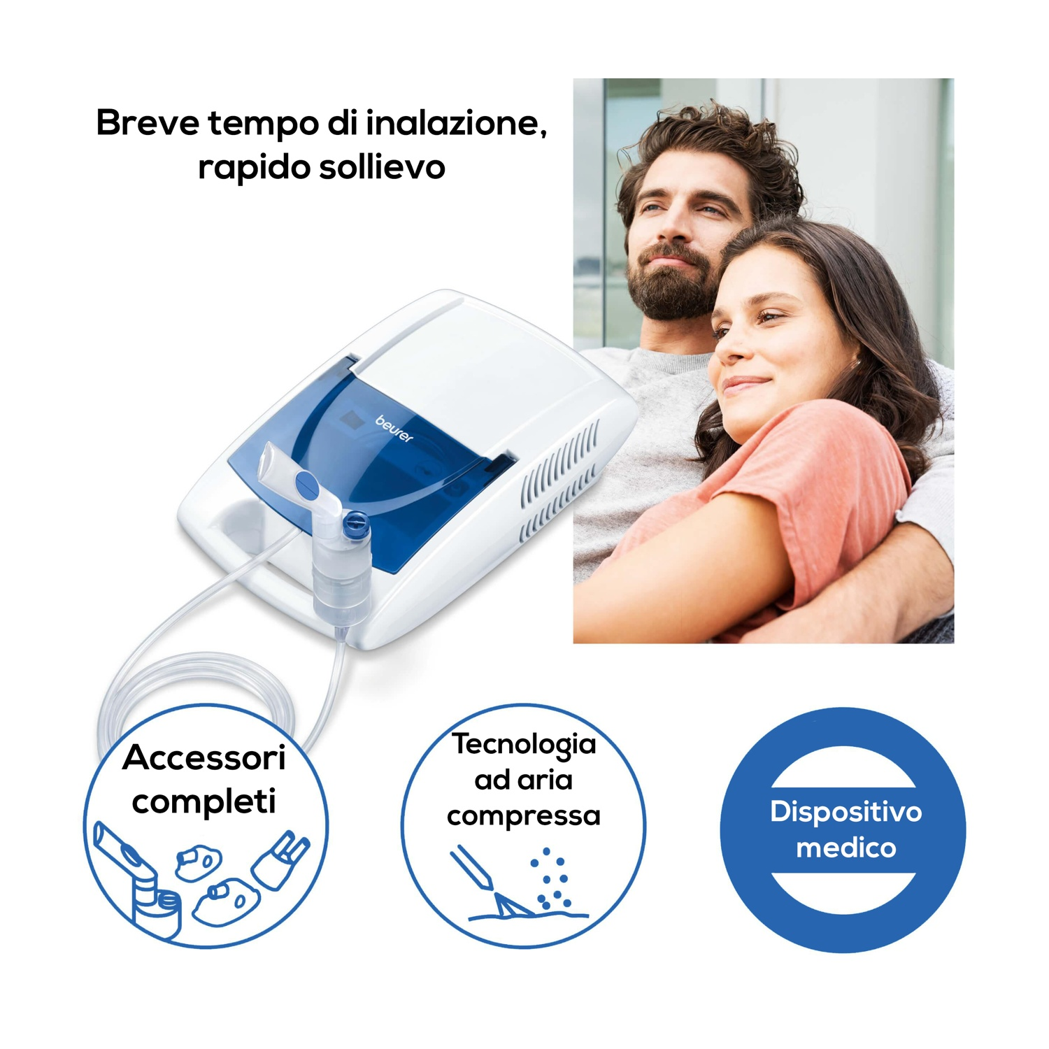 Un nebulizzatore con accessori, mostrato con una coppia che si rilassa.