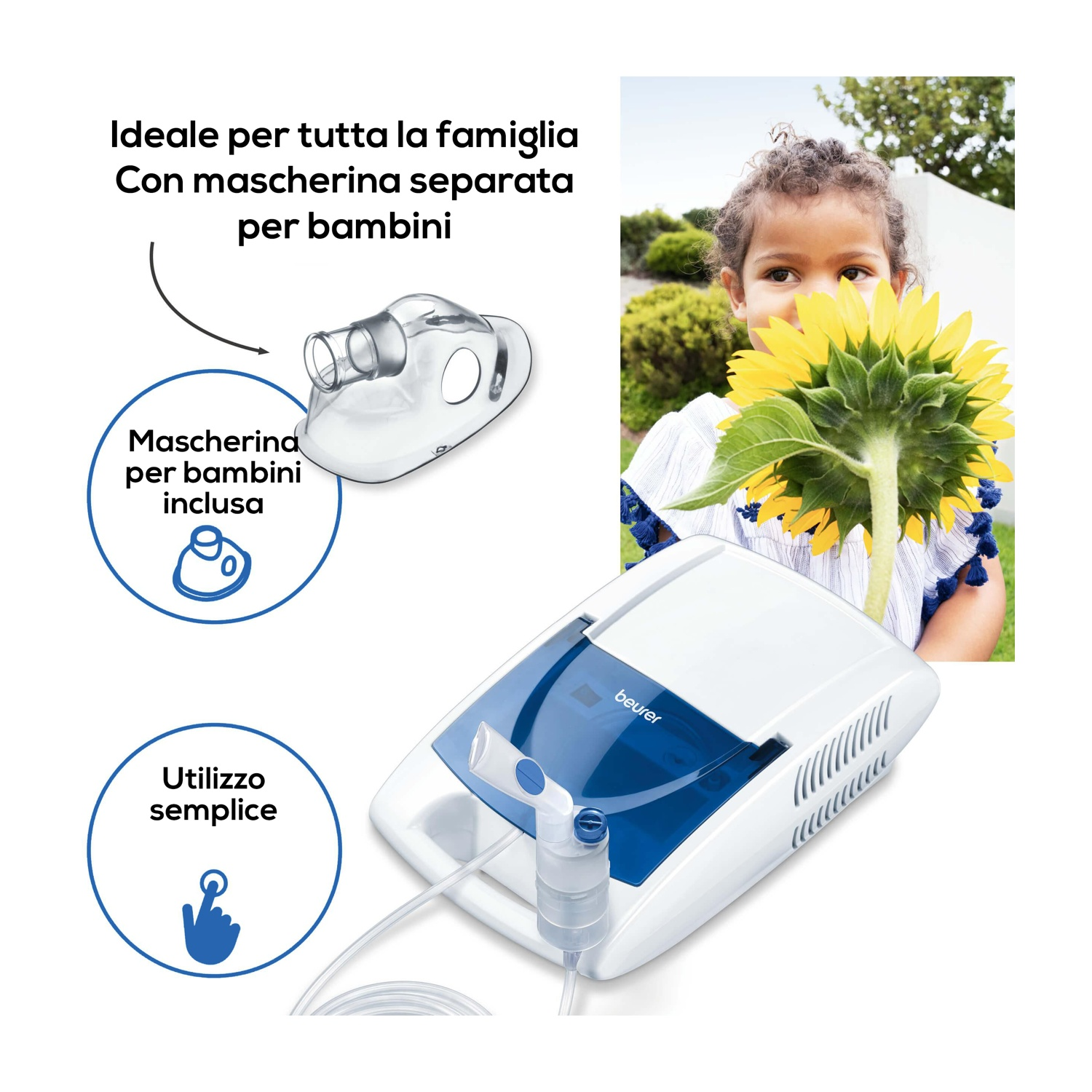 Un nebulizzatore bianco con dettagli blu accanto a un bambino con un girasole.