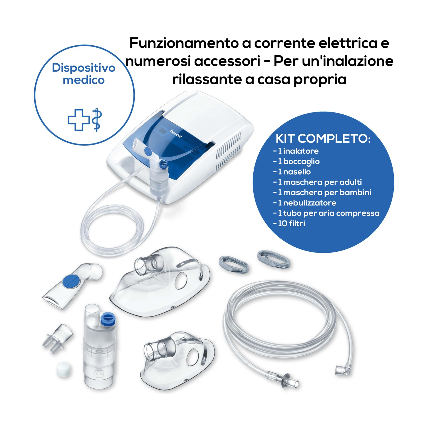 Inalatore Beurer bianco con accessori, tra cui maschere e tubi.