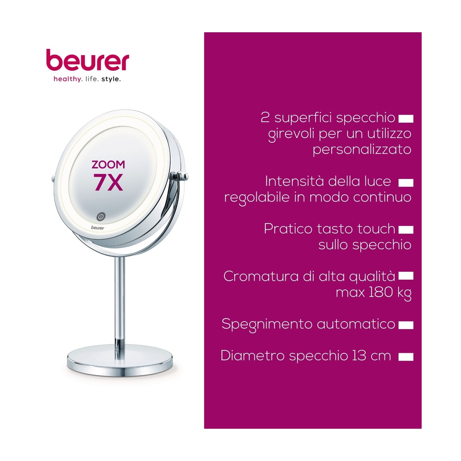 Specchio Beurer con ingrandimento 7x e illuminazione LED.